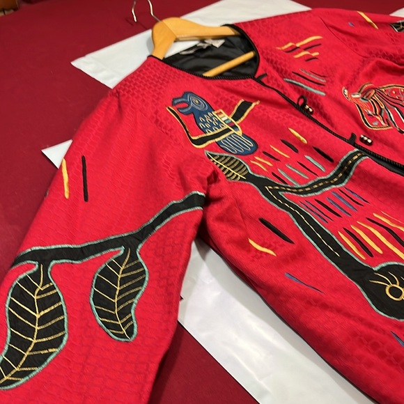 Maggie Barnes RED BIRD artsy button up BLAZER Art to wear,TOTEM pole shapes 3XL - Picture 10 of 16